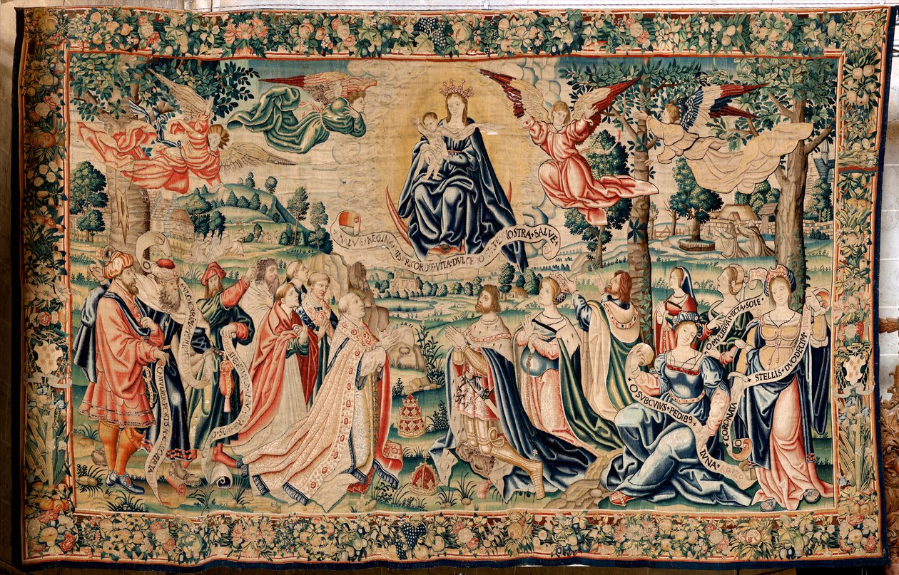 Flemish Tapestry. Series The Hail. Salve Regina. Manufacture Brussels’ Workshops, a Possible Manufacture by Marc Crétif. Ca 1528. Size 412 x 652 cm. Fabric Silk and Wool. Location Cathedral of Palencia. Origin A Bequest of Bishop Fonseca in 1529. On Displa by Flemish School