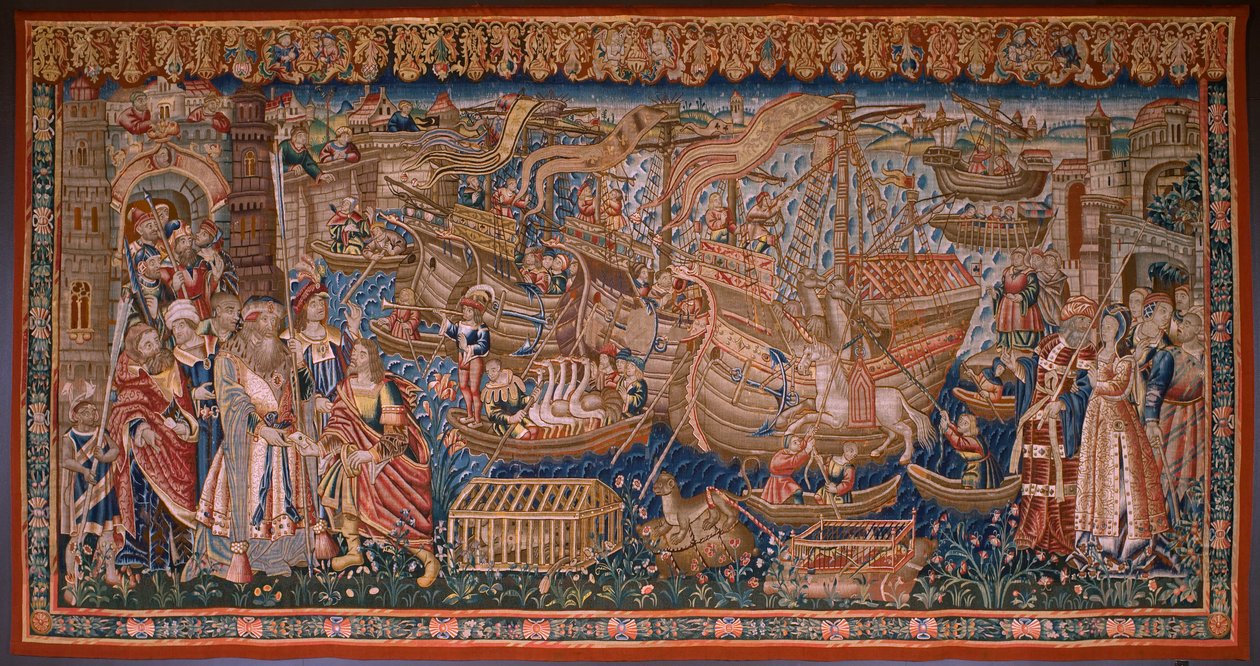 Flemish tapestry. Series The Portuguese in India: The Arrival in Calicut. Ca 1510. Collection Caixa Geral de Depósitos, Lisboa. by Flemish School