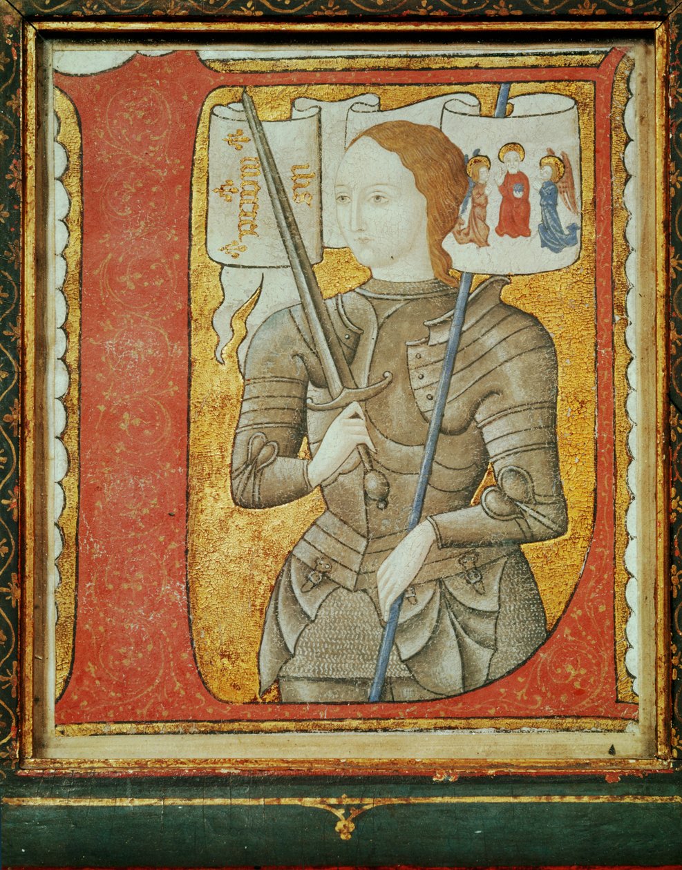 Initial D Shows Joan of Arc in Armour Holding a Flag Showing Godfather and Two Angels by Flemish School