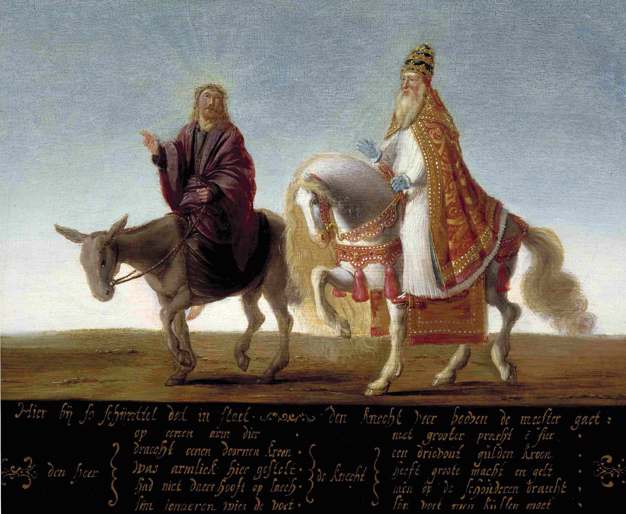 Jesus Represented on a Donkey Beside the Richly Dressed Pope on a Horse by Flemish School