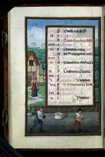 Two Men Sowing Corn, illuminated calendar page for October, from a Book of Hours, c.1500 by Flemish School