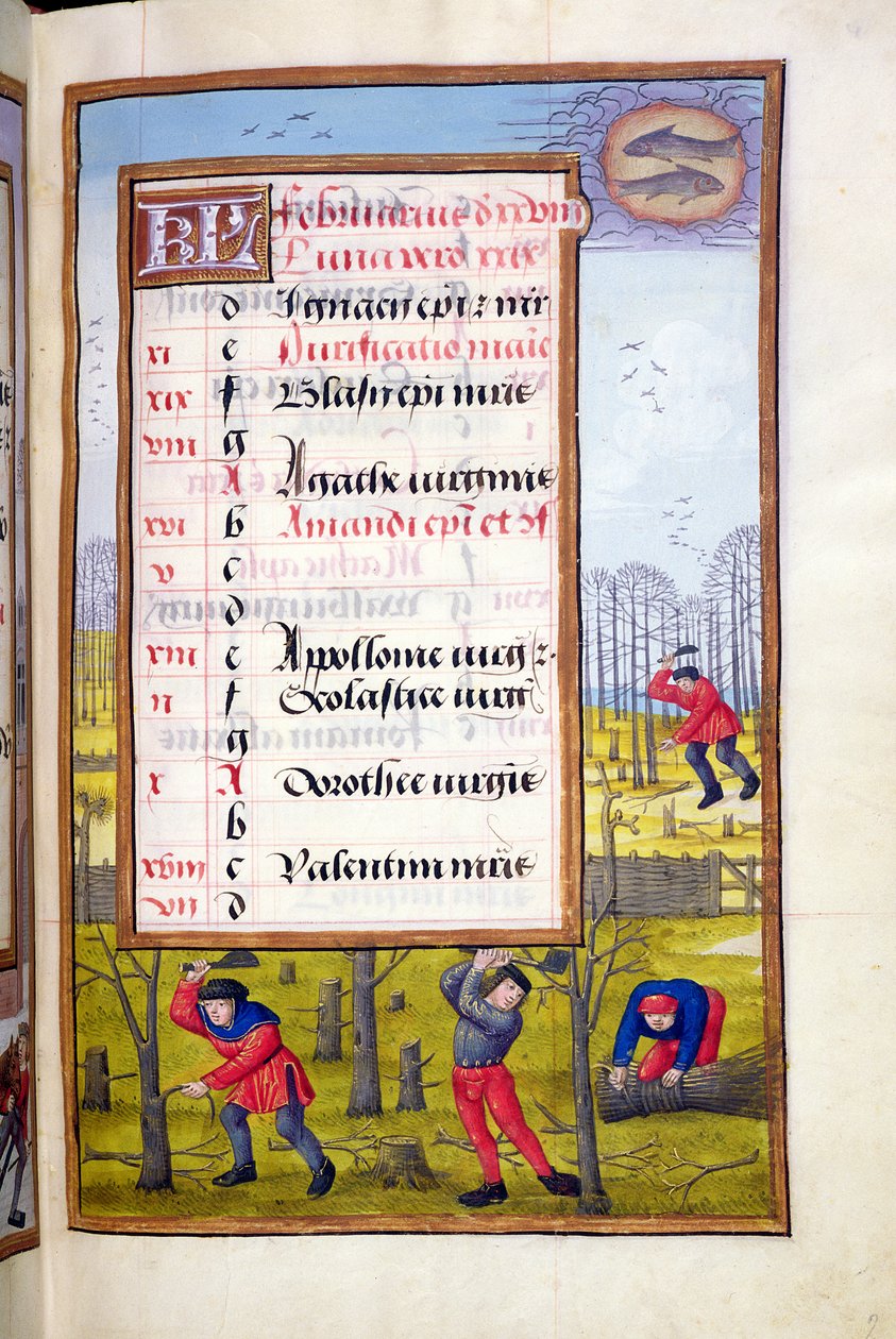 Cutting Trees and Binding Faggots, illuminated page for February, from a Book of Hours, c.1500 by Flemish School