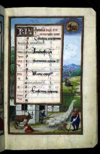 Farmyard Scene, Illuminated Calendar Page for April, from a Book of Hours, c.1500 by Flemish School