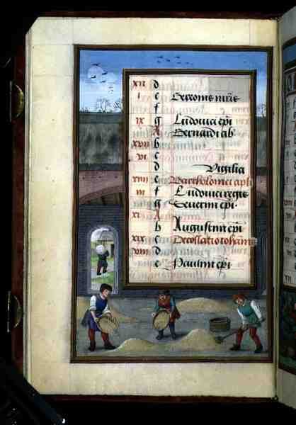 Winnowing Corn in a Barn, illuminated calendar page for August, from a Book of Hours by Flemish School