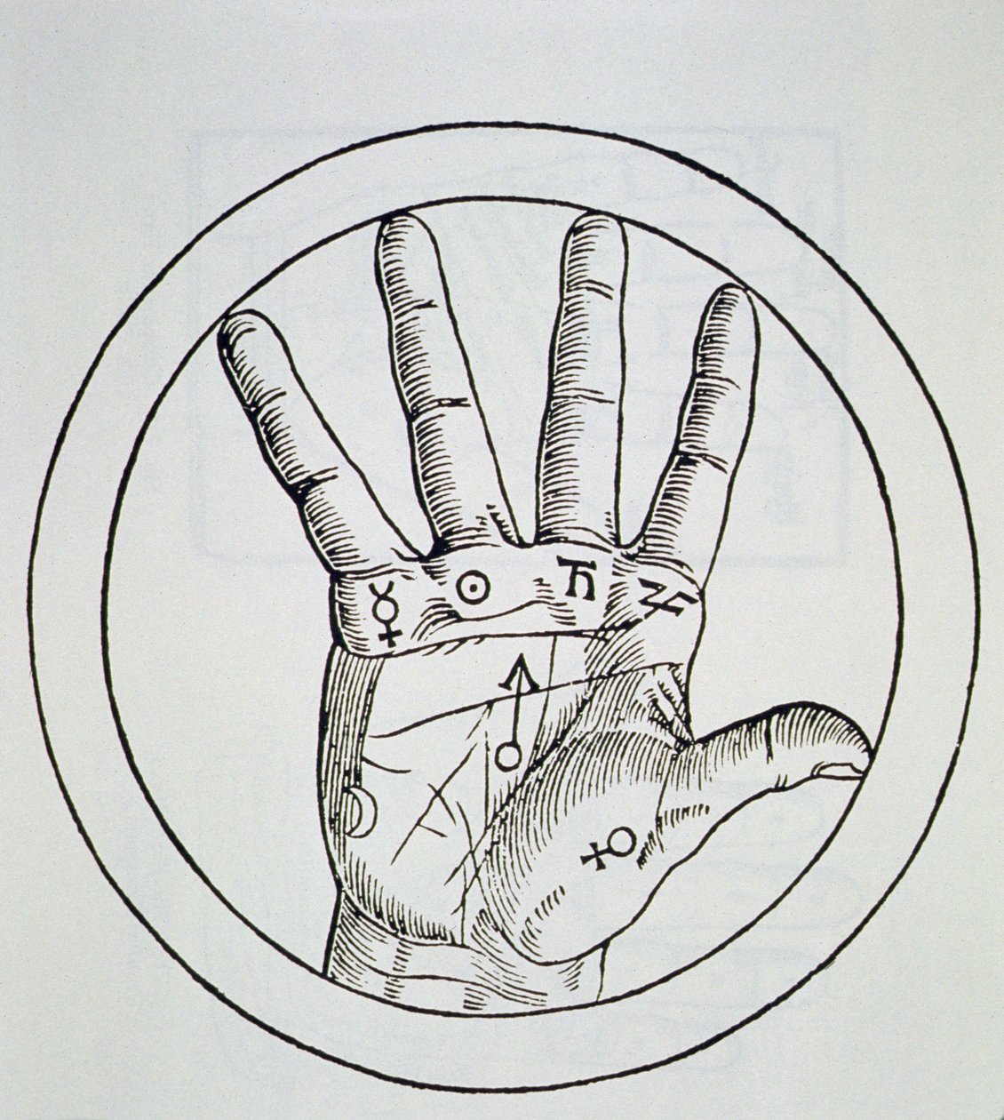 Position of the Planets on the Right Hand, copy of an illustration from De Occulta Philosophia Libri III, by Henricus Cornelius Agrippa, Antwerp 1533, used in a History of Magic, published late 19th century by Flemish School