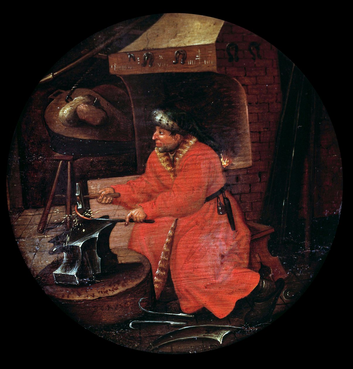 Representation of a Blacksmith Craftsman in His Blacksmith Striking a Metal Rod on an Anvil by Flemish School