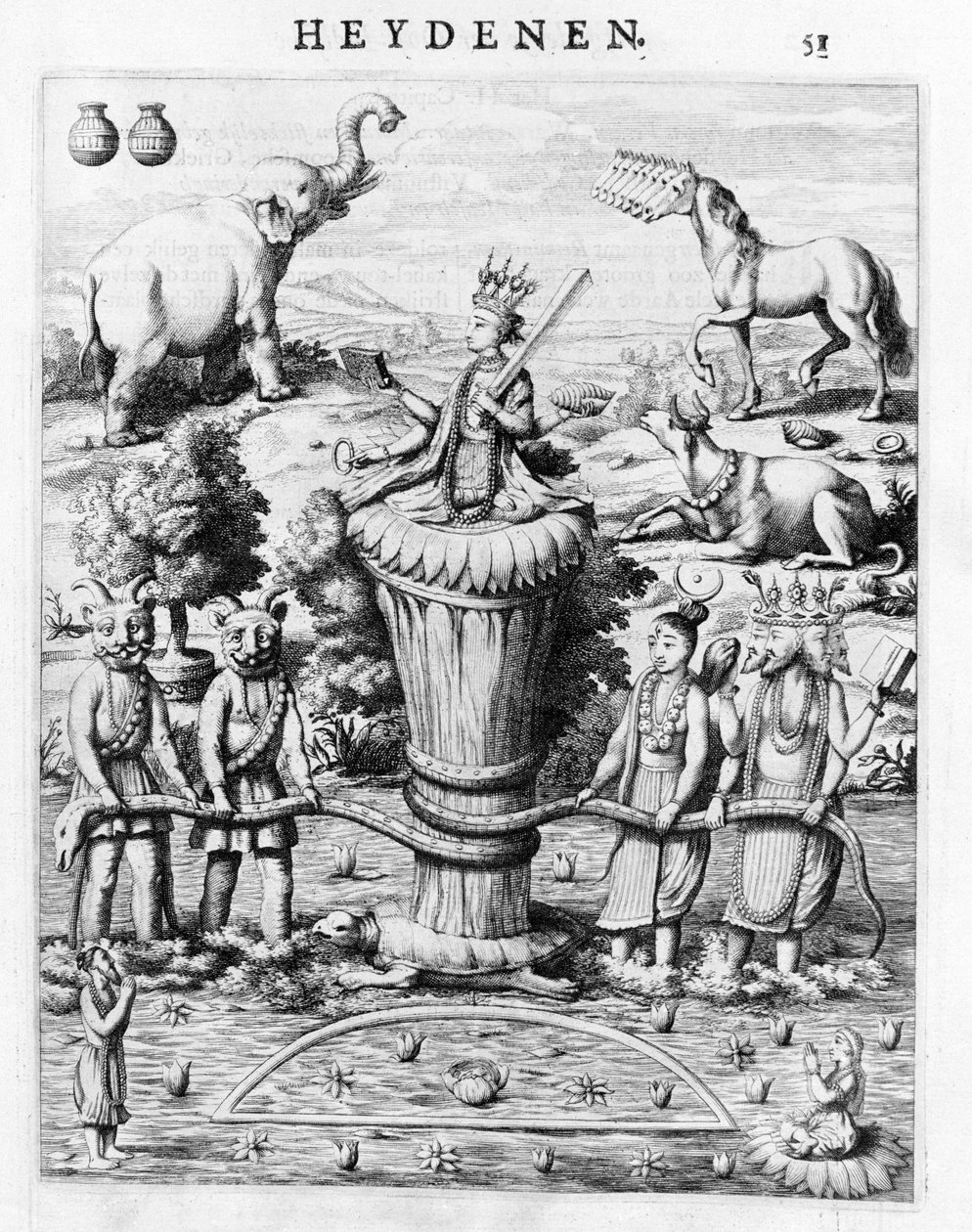 Samudramathana, with the Participation of Deva (Surya, Shiva, Vishnu, Brahma) with Demons and Mounts. According to Baldaeus Philippus Afgoderye der oost-indische Heydenen. Amsterdam 1672 by Flemish School