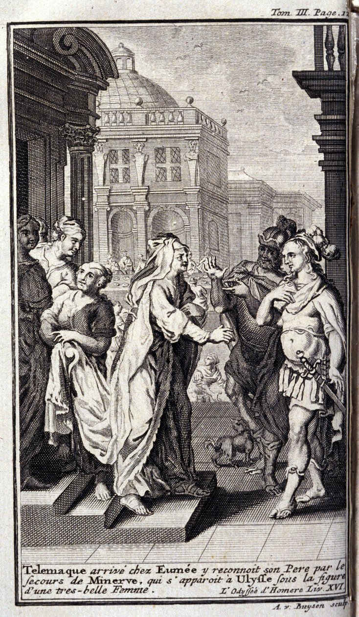 Telemachus Arrives at Eumaeus' House, Recognizes His Father with the