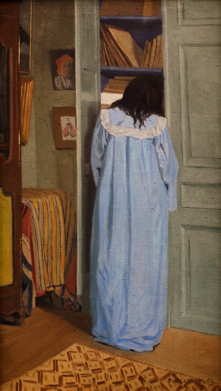 Interior, Woman in Blue Searching in a Cupboard by Felix Edouard Vallotton