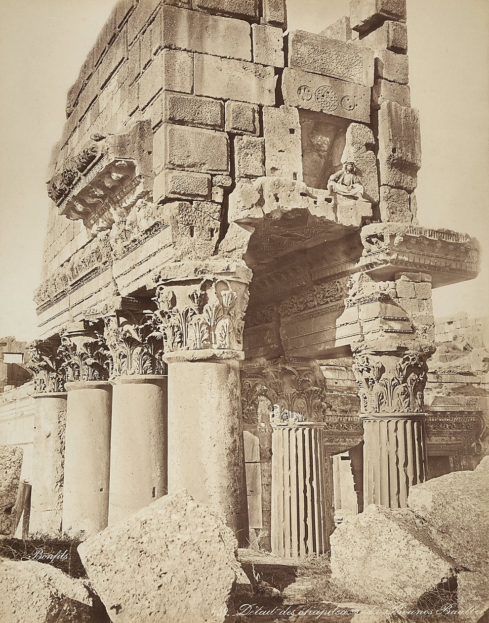Detail of the pronaos of the Temple of Bacchus, in the archeological zone of Heliopolis or Baalbek, ancient Syrian city, now Lebanon by Félix Bonfils