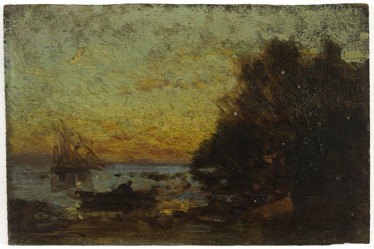 Boat and sailboats, sunset. On reverse: Marine, between 1850 and 1860 by Félix Ziem