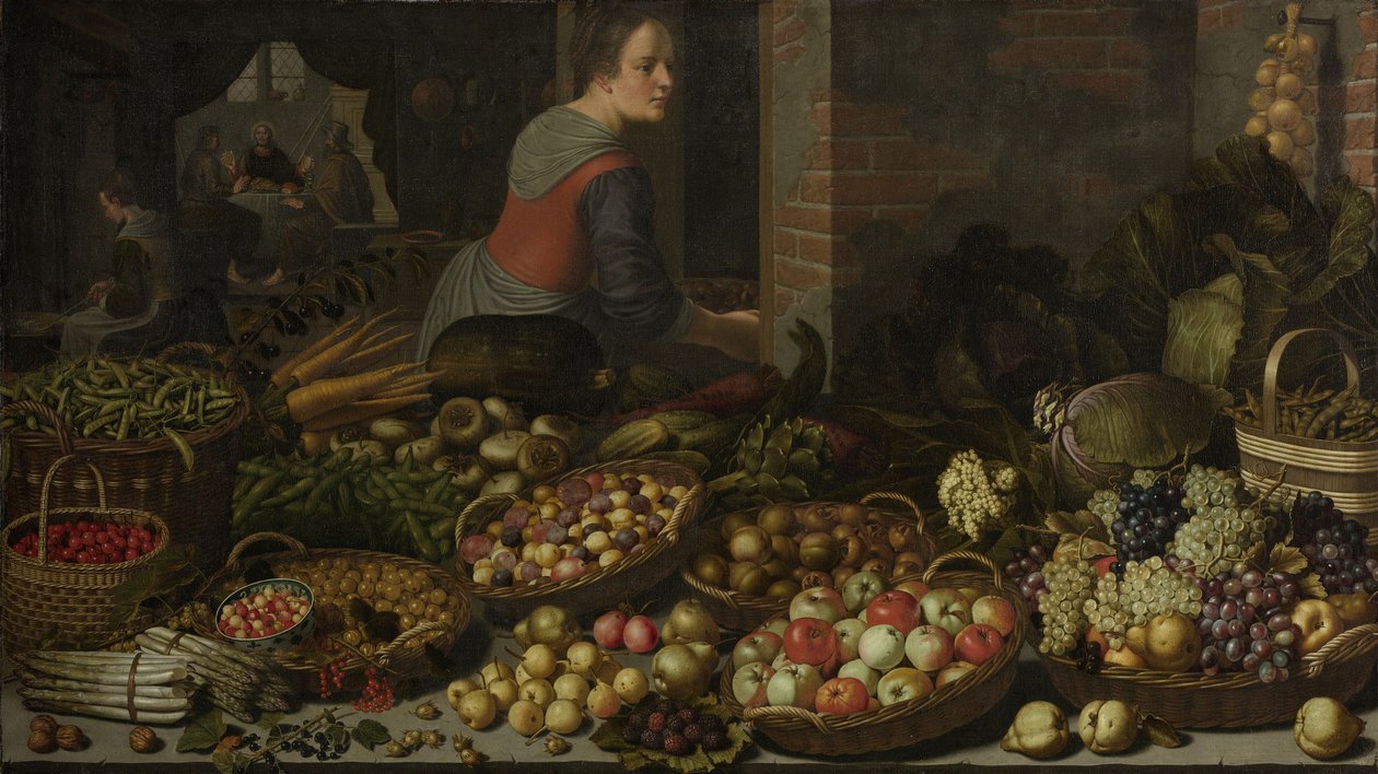 Still Life with Fruit and Vegetables, with Christ at Emmaus in the Background, c. 1630 by Floris Gerritsz van Schooten