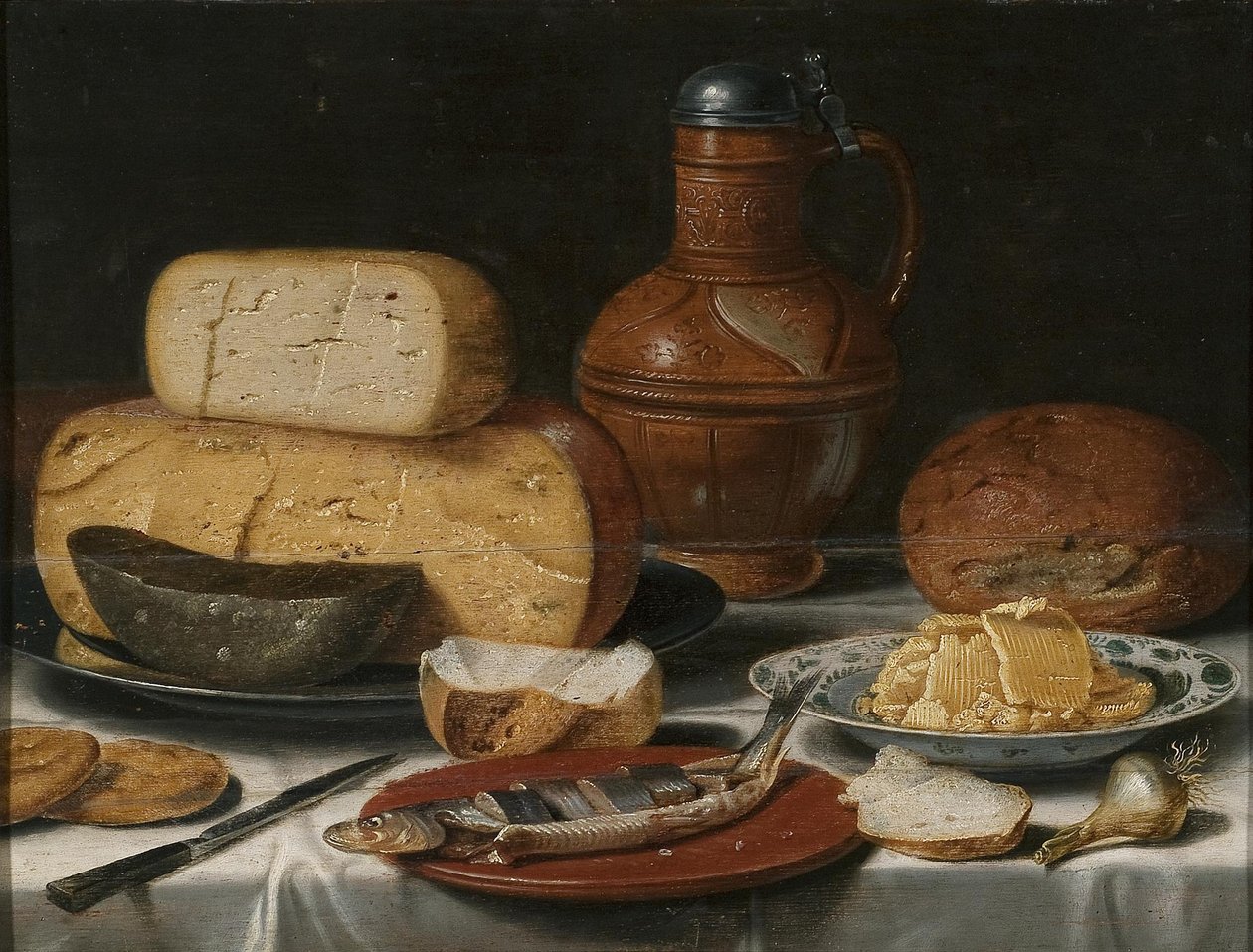 Still Life with Cheese, Herring, Bread and Wine by Floris van Schooten