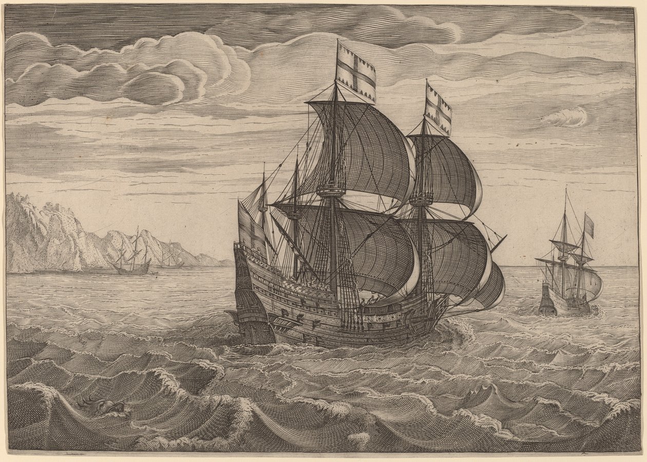 Ship in Full Sail with Two Flags by Follower of Pieter Bruegel the Elder