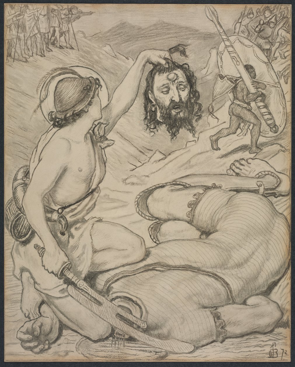David and Goliath, Cartoon for Stained Glass Window at Jesus College, Cambridge by Ford Madox Brown