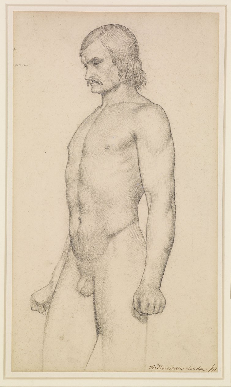Male Nude - Academic Study, Three-Quarter Length Nude, with Moustache and Clenched Fists by Ford Madox Brown