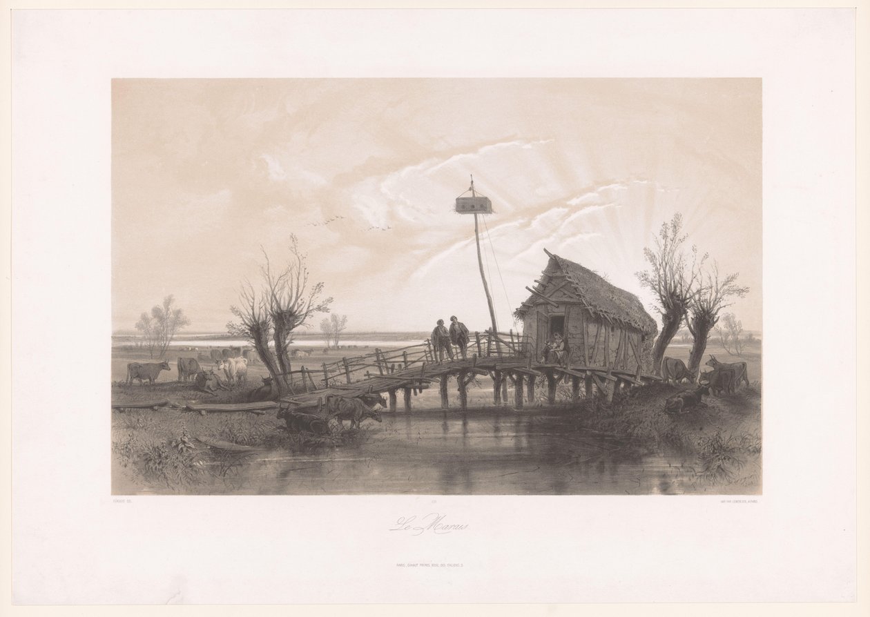 Marsh Landscape with Cows and Figures by a House with Bridge by Fortuné Ferogio