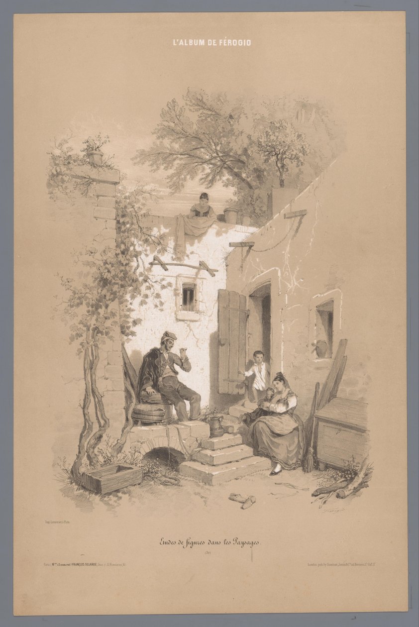 Parents with Children at Their Village Home (series title: Studies of Figures in a Landscape) by Fortuné Ferogio