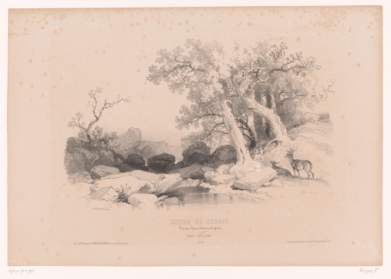 Rocky Landscape with Water and Two Deer Drawing Course with Studies of Landscapes, Animals, and Details (series title) by Fortuné Ferogio
