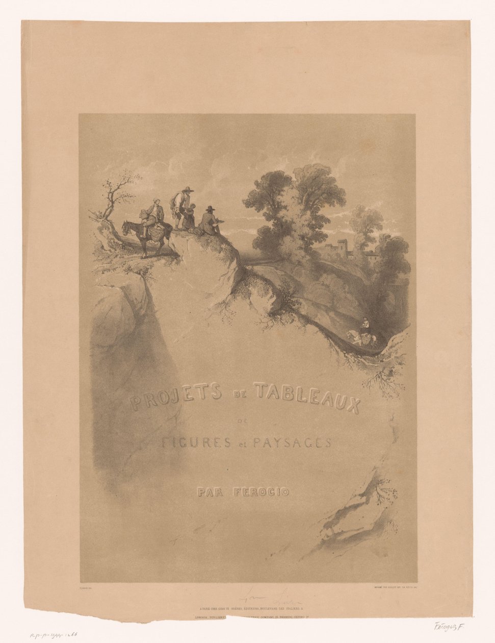 Title Page with Rocky Landscape and Travelers Along a Gorge (Landscape and Figure Studies by Férogio) by Fortuné Ferogio