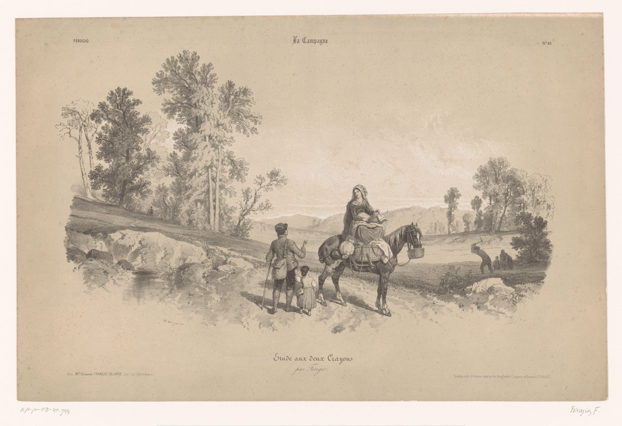 Woman on a Horse with Man and Child in a Landscape (Studies of Rural Scenes with Two Types of Chalk series) (La Campagne. Etude aux deux crayons, par Férogio series) by Fortuné Ferogio
