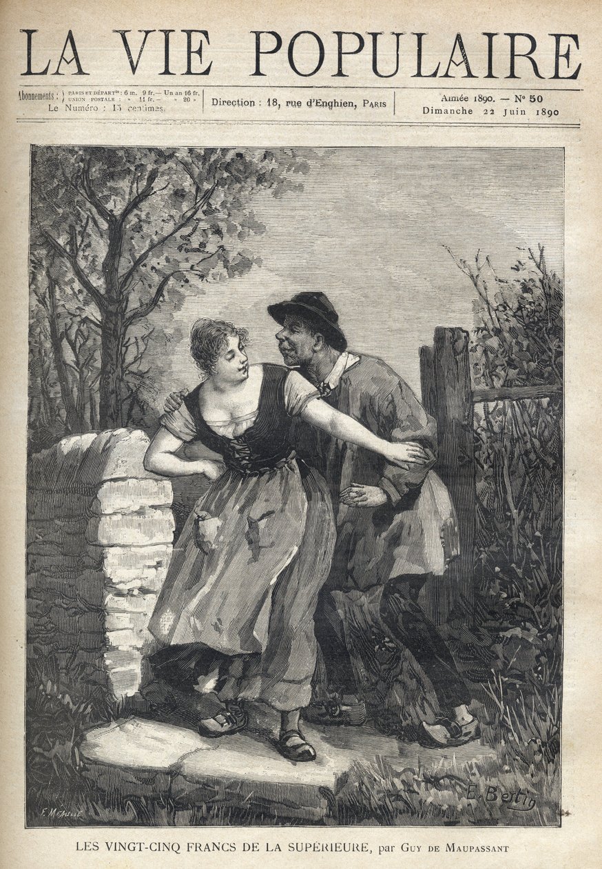 A couple of peasants, the man in a blouse and hoof, jumps the young woman who pushes him back with a smile and light. Illustration by E. Bertin for Les twenty five francs de la superieure by Guy de Maupassant. Engraving by Fortune Meaulle by Fortune Louis Meaulle