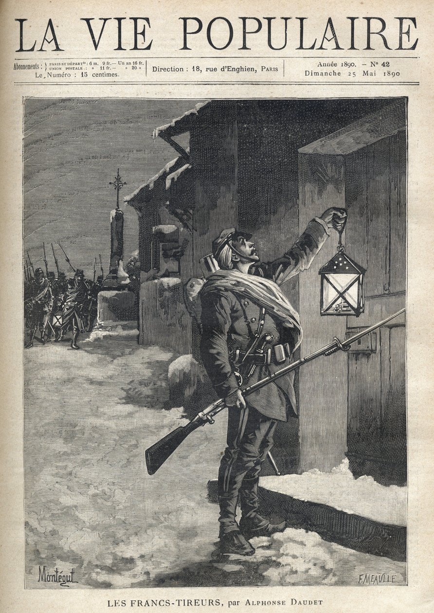 A soldier carrying all his gear, a bayonet rifle, and waving a lantern in front of the closed door of a townhouse. Behind him, near the Iron Cross, the rest of the troupe arrives to join him. Illustration for Les Francs Shoirers by Alph by Fortune Louis Meaulle
