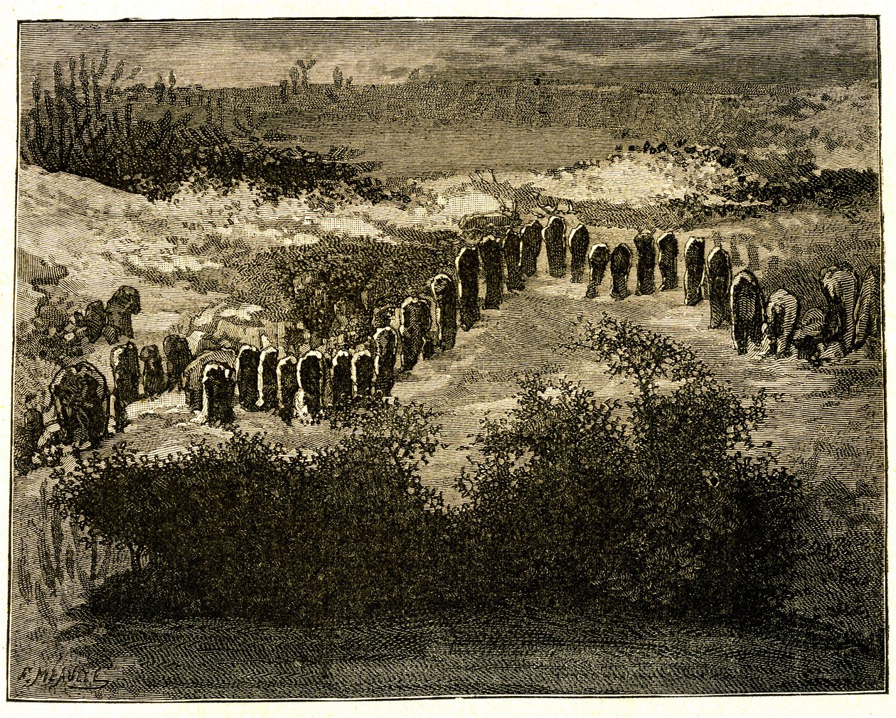 Carnac Menhir Alignments. Drawing by Victor Hugo, engraved by Meaulle. Extract from the text of Hugo (En voyage en Bretagne) by Fortune Louis Meaulle