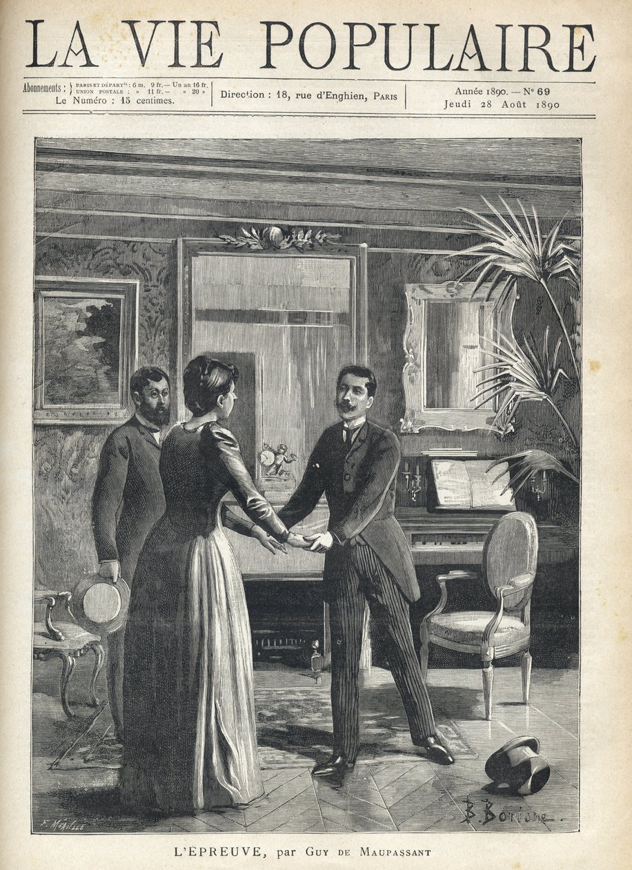 In a bourgeois living room, a man rises precipitously towards the mistress of the house and grabs her hands, dropping his hat on the floor, under the astonished gaze of another man. Illustration by Bernard Borione for the text by Guy by Fortune Louis Meaulle