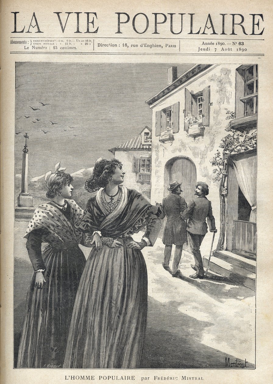 In the streets of a village in Provence, two pretty women in Provencal dresses turn back to the street to confront a man who turns confidently towards their eyes. Illustration by Montegut for The Popular Man by Frederic Mistral (1830-1914). Engraving by Fo by Fortune Louis Meaulle