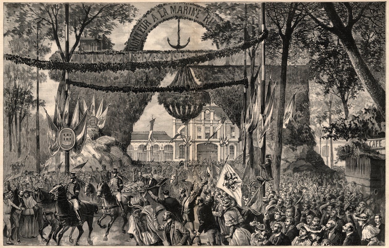The arrival of Alexis Alexandrovich Romanov (1850-1908), Grand Duke of Russia, brother of Tsar Alexander III in Vichy in 1891 - Engraving by Meaulle by Fortune Louis Meaulle