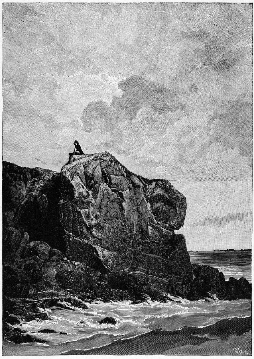 Victor Hugo in exile in Jersey in 1855, on the Proscriit Rock. Engraving by Louis Fortune Meaulle (1844-1901), of which Hugo said: "I think, il grave" by Fortune Louis Meaulle