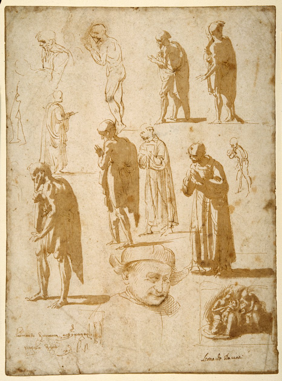 Studies of male figures, nude and draped, including two in monkish garb by Fra Diamante