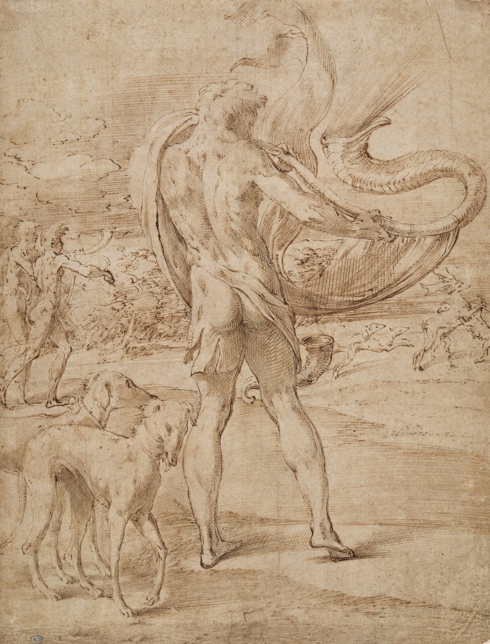 Huntsmen Sounding His Horn with a Staghunt in the Distance by Parmigianino