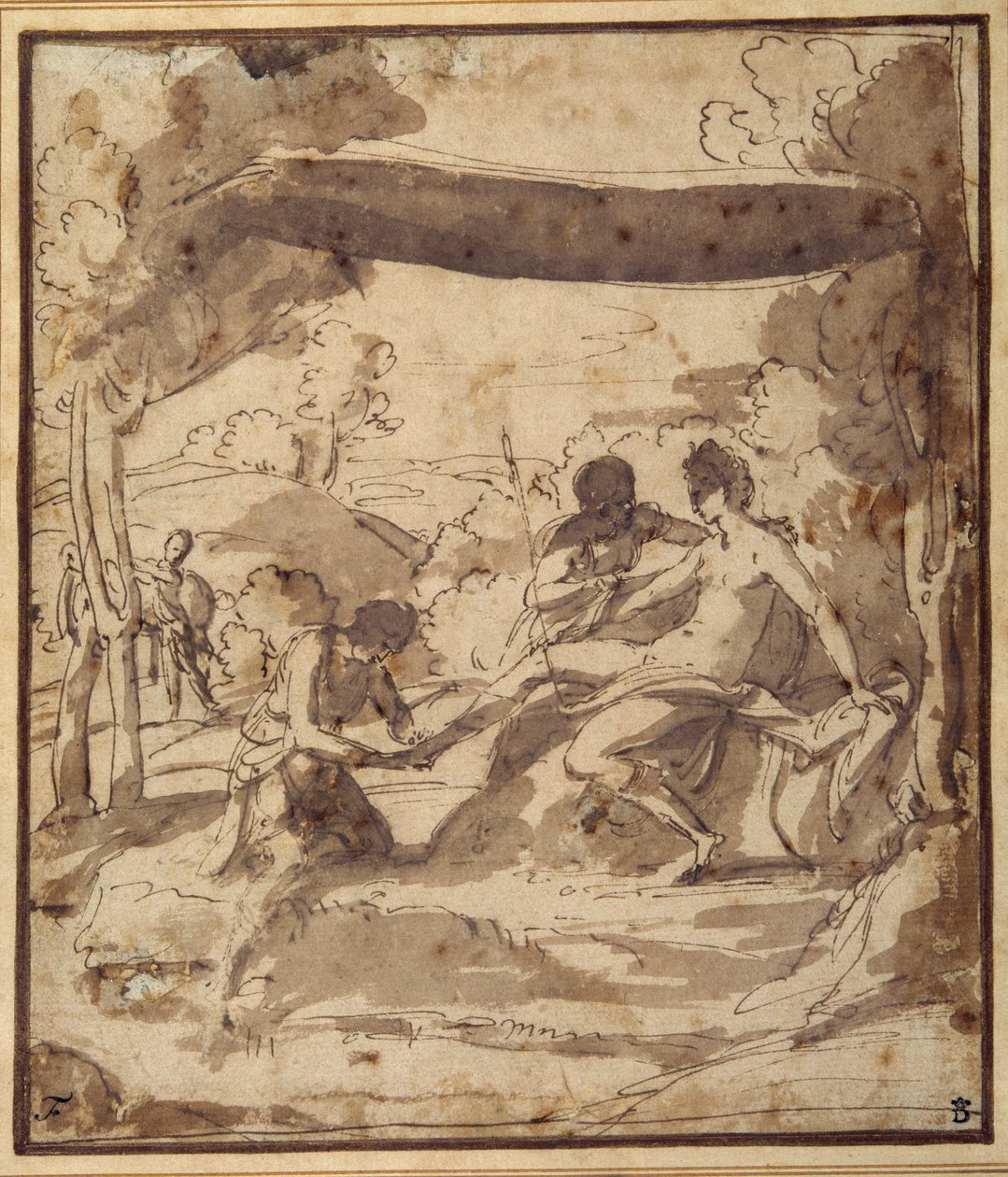 Venus, reclining under a rustic canopy, with Adonis fastening her sandal by Francesco Albani