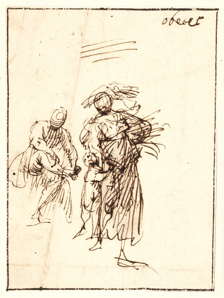 Sketch of Woman Walking with a Child at Her Side and a Seated Figure Behind by Francesco Allegrini
