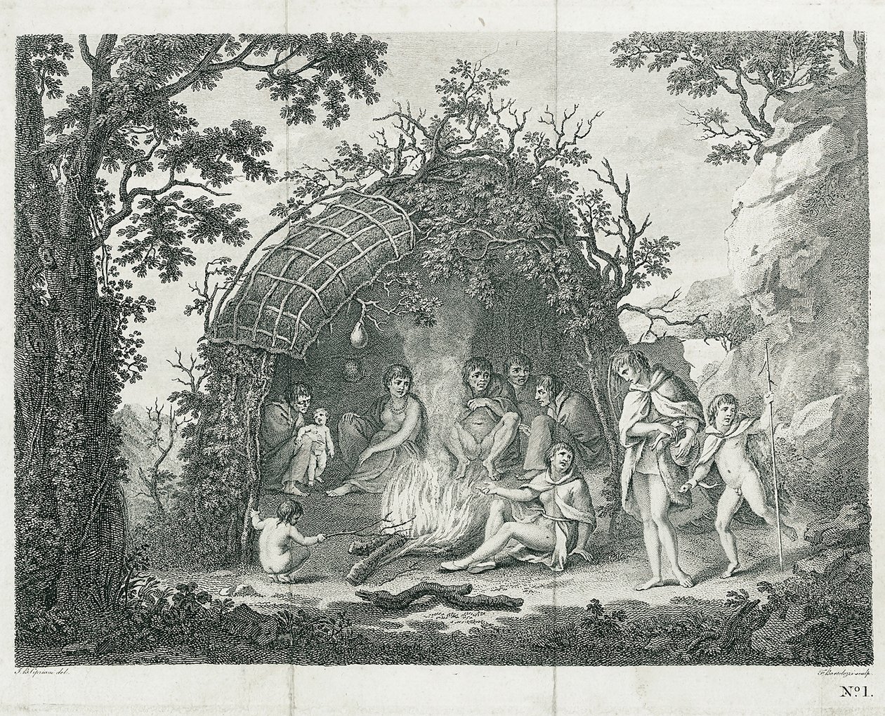 A view of the Indians of Terra del Fuego in their hut by Francesco Bartolozzi
