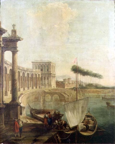 A capriccio, harbour with figures loading a ferry by Francesco Battaglioli