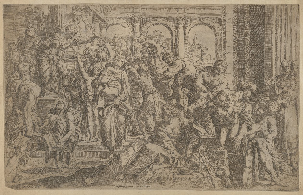 Saint Roch at left distributing alms to a group of people gathered around him, after A by Francesco Brizio