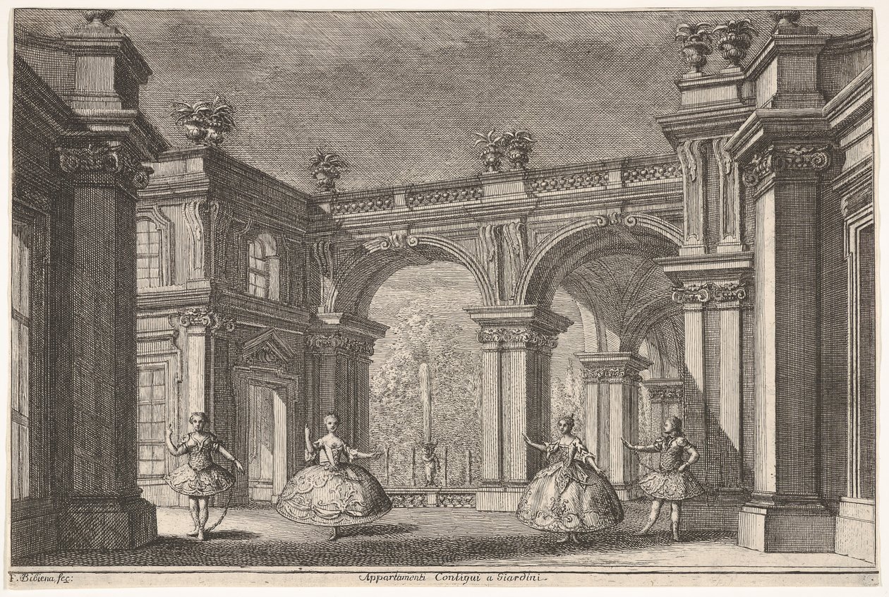Two Ladies and Two Gentlemen Dancing within an Ornate Architectural Setting, a Fountain at... by Francesco Galli Bibiena