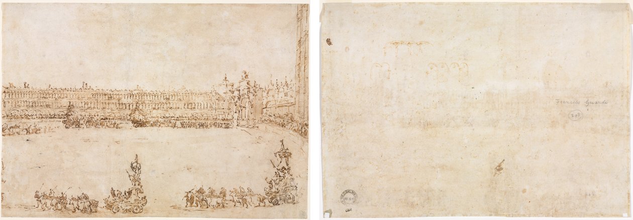 A Procession of Triumphal Cars in the Piazza San Marco, Venice, Celebrating the Visit of the Conti del Nord (recto) Three Sketches of Arches (verso) by Francesco Guardi