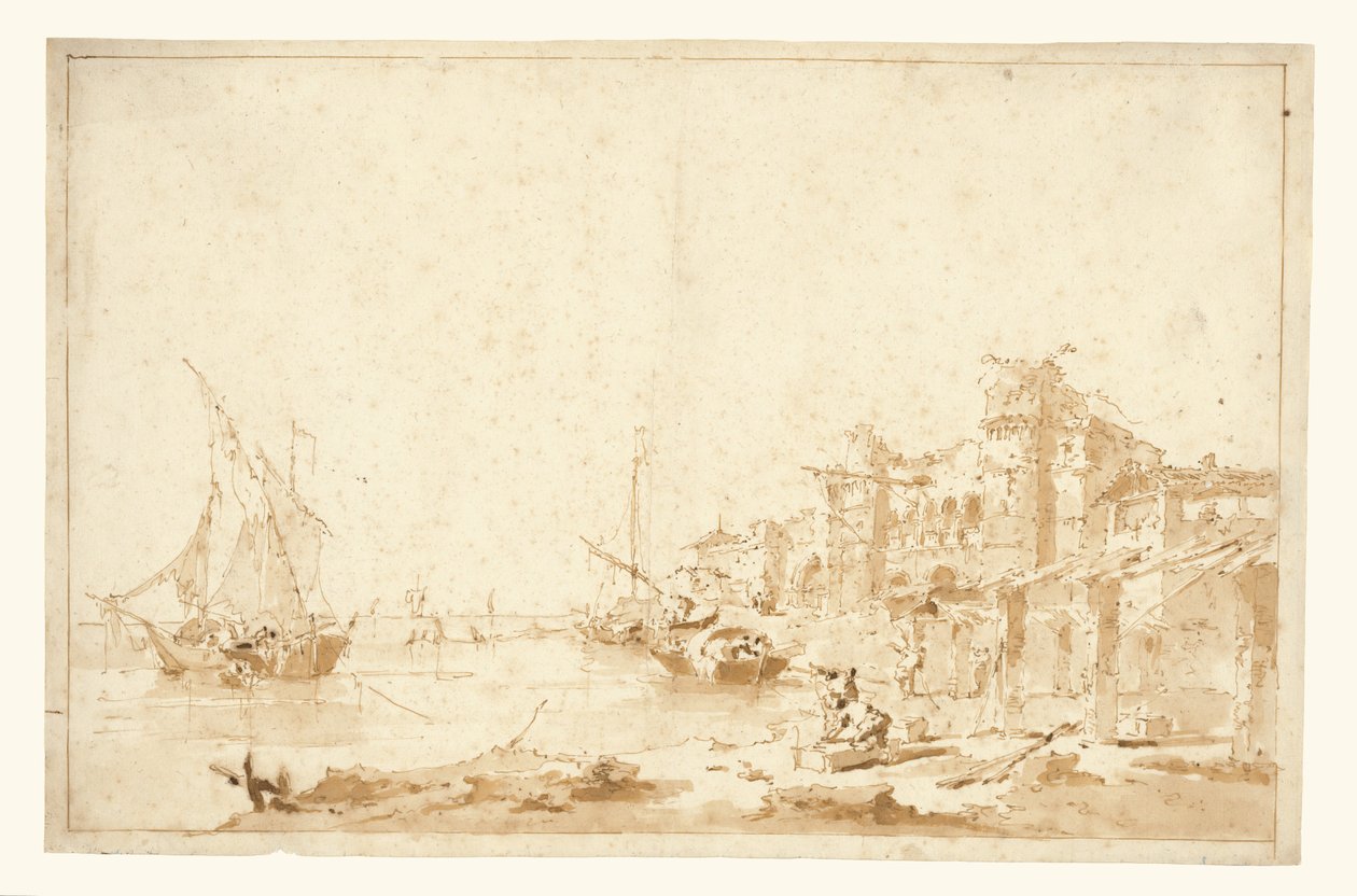 An Imaginary View of a Venetian Lagoon, with a Fortress by the Shore by Francesco Guardi