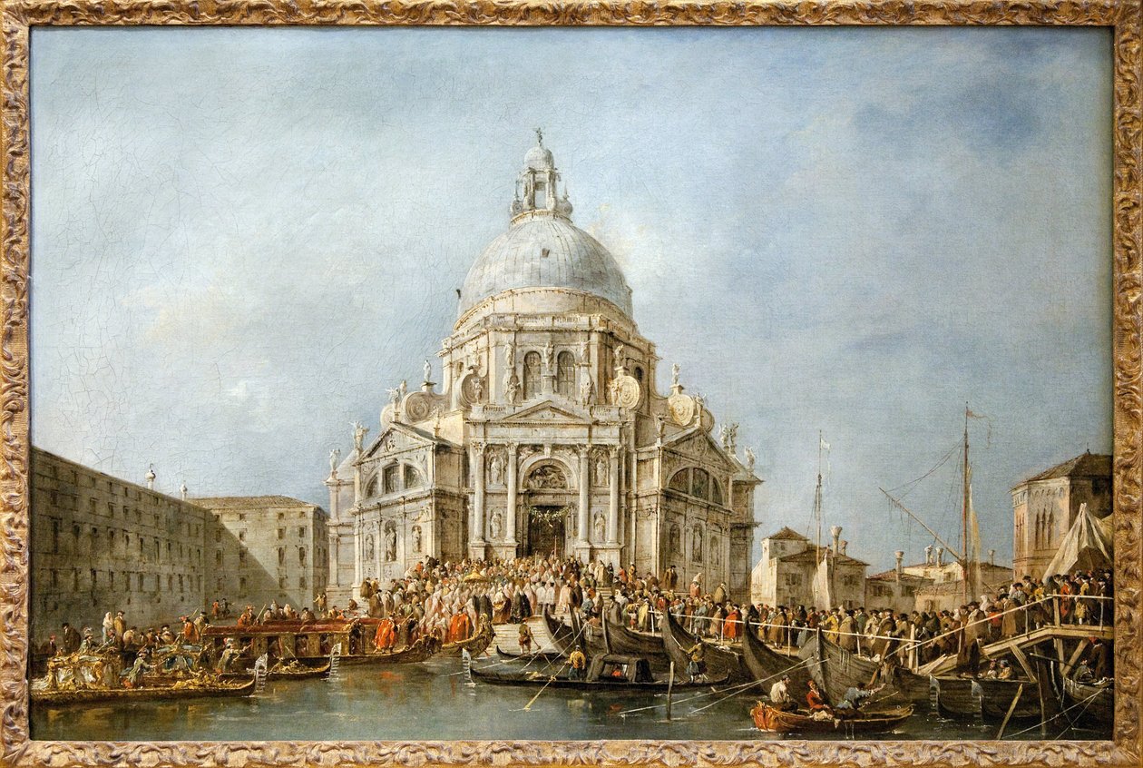 The Doge of Venice goes to the Salute of Venice, Every year on 21 November the Doge went to the Basilica of Santa Maria della Salute, edified in thanksgiving for the end of the plague of 1630, in order to thank the Virgin for this deliverance, a boat bridg by Francesco Guardi