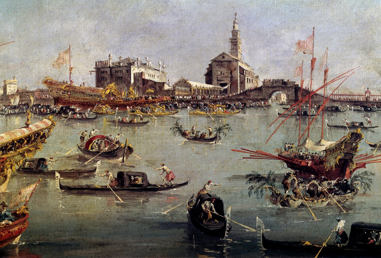 The Doge on the Bucentaurus in San Nicolo from Lido to Venice, Ascension Day by Francesco Guardi