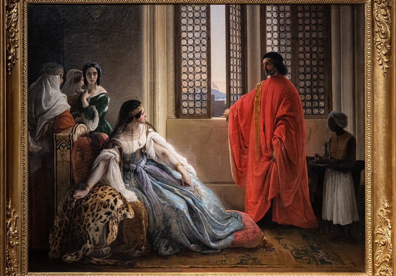 Giorgio Cornaro, sent to Cyprus by the Republic of Venice, informs Queen Caterina Cornaro, one of his relatives, that she is no longer owner of her reign as the Lion standard is waving on the isle fortress by Francesco Hayez