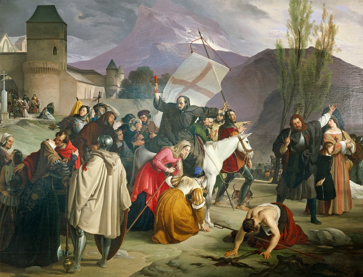 Peter Hermit riding white mule with crucifix in his hand and circulating through cities and villages preaching Crusade by Francesco Hayez