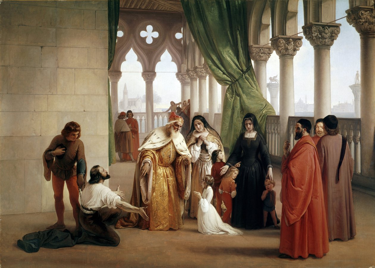 The Two Foscari: Francesco Foscari, Doge of Venice banishing his son Jacopo on the charge of treasonable correspondence while in exile by Francesco Hayez