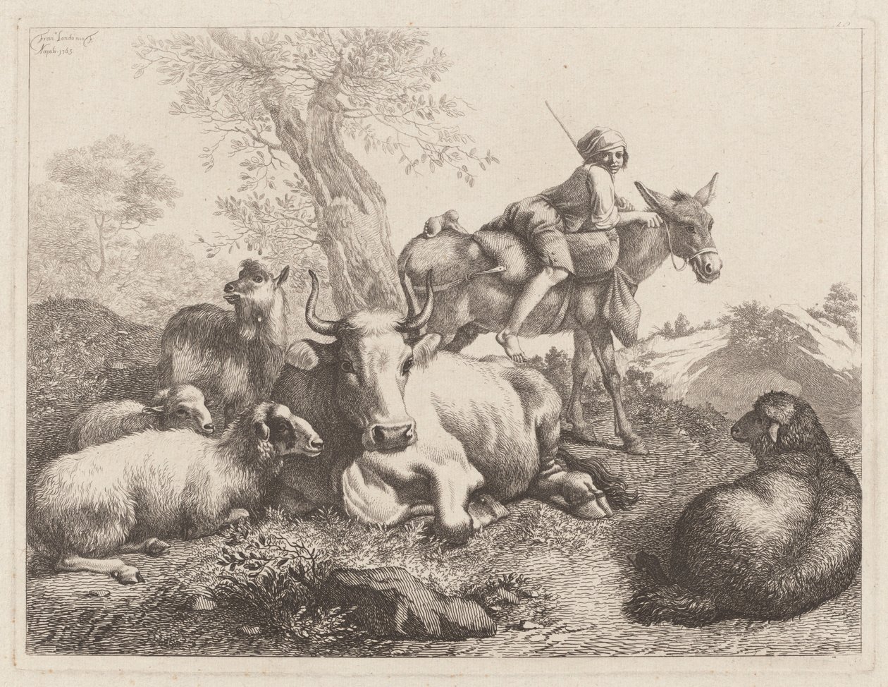 Boy on a Donkey Watching over a Group of Animals by Francesco Londonio