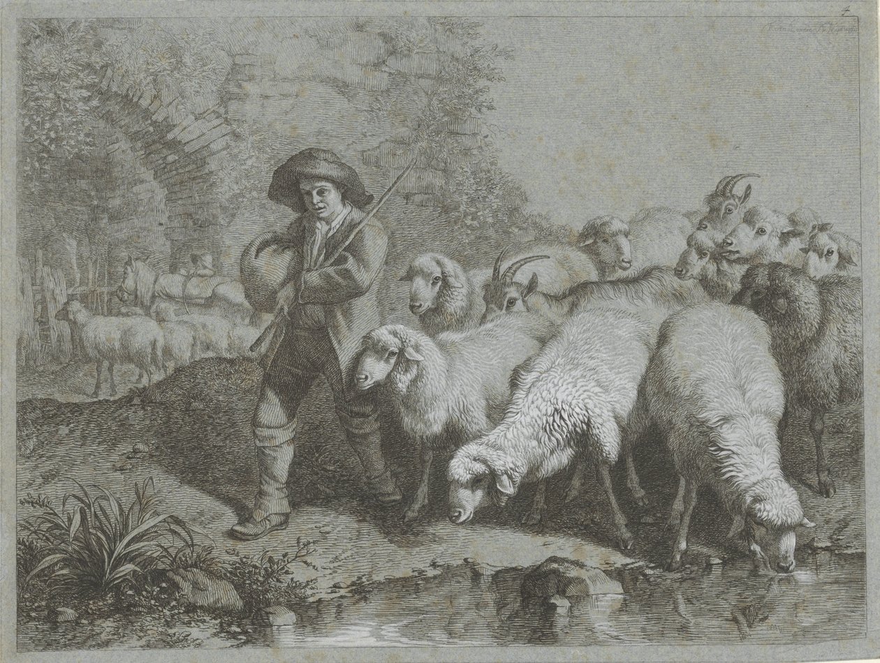 Shepherd with Flock of Sheep and Goats by Francesco Londonio