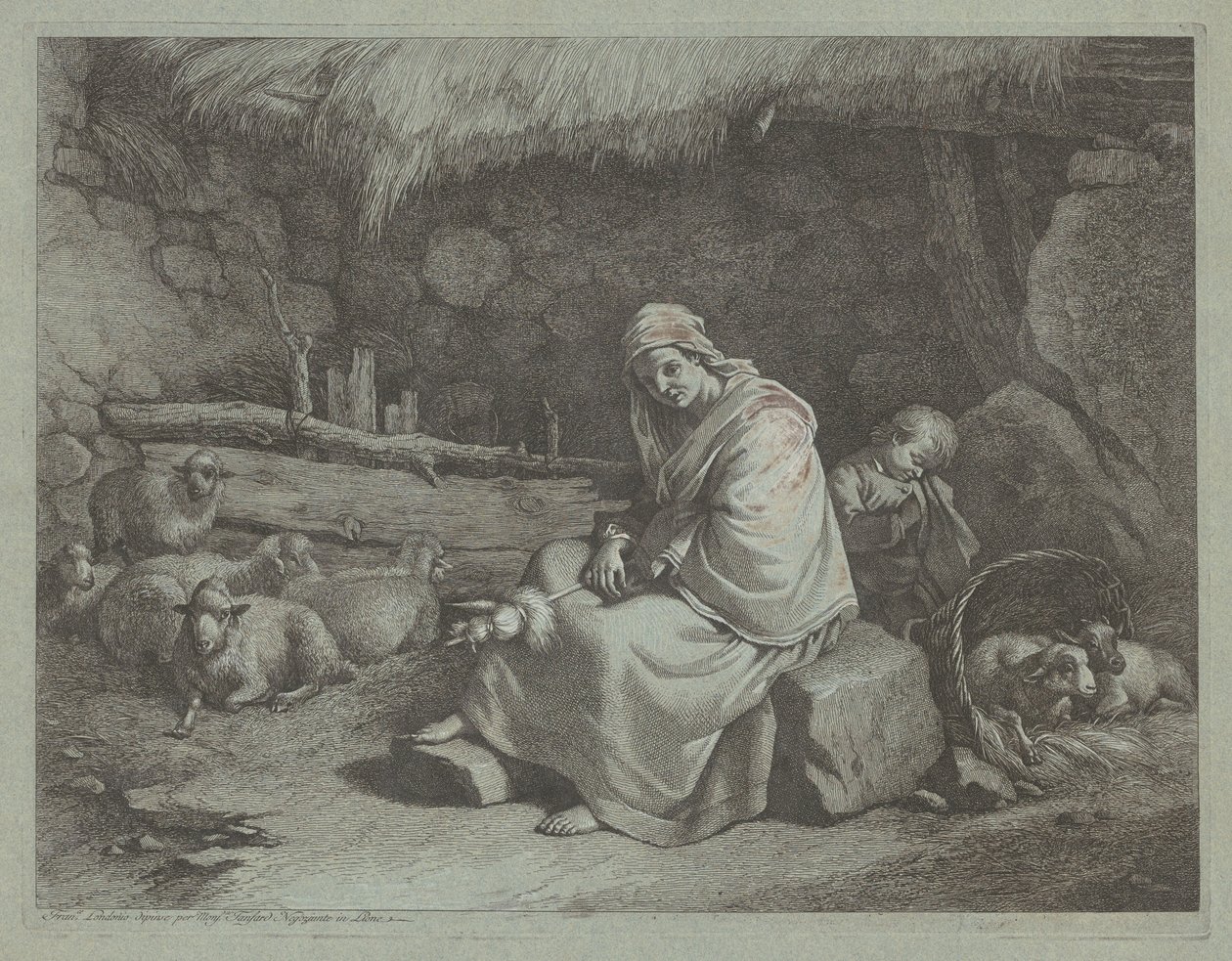 Interior of a Stable with a Seated Spinner and Sleeping Child by Francesco Londonio